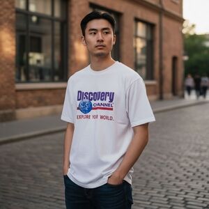 90s‎ Discovery Channel Embroidered T-shirt White Sz Small TALL Cotton